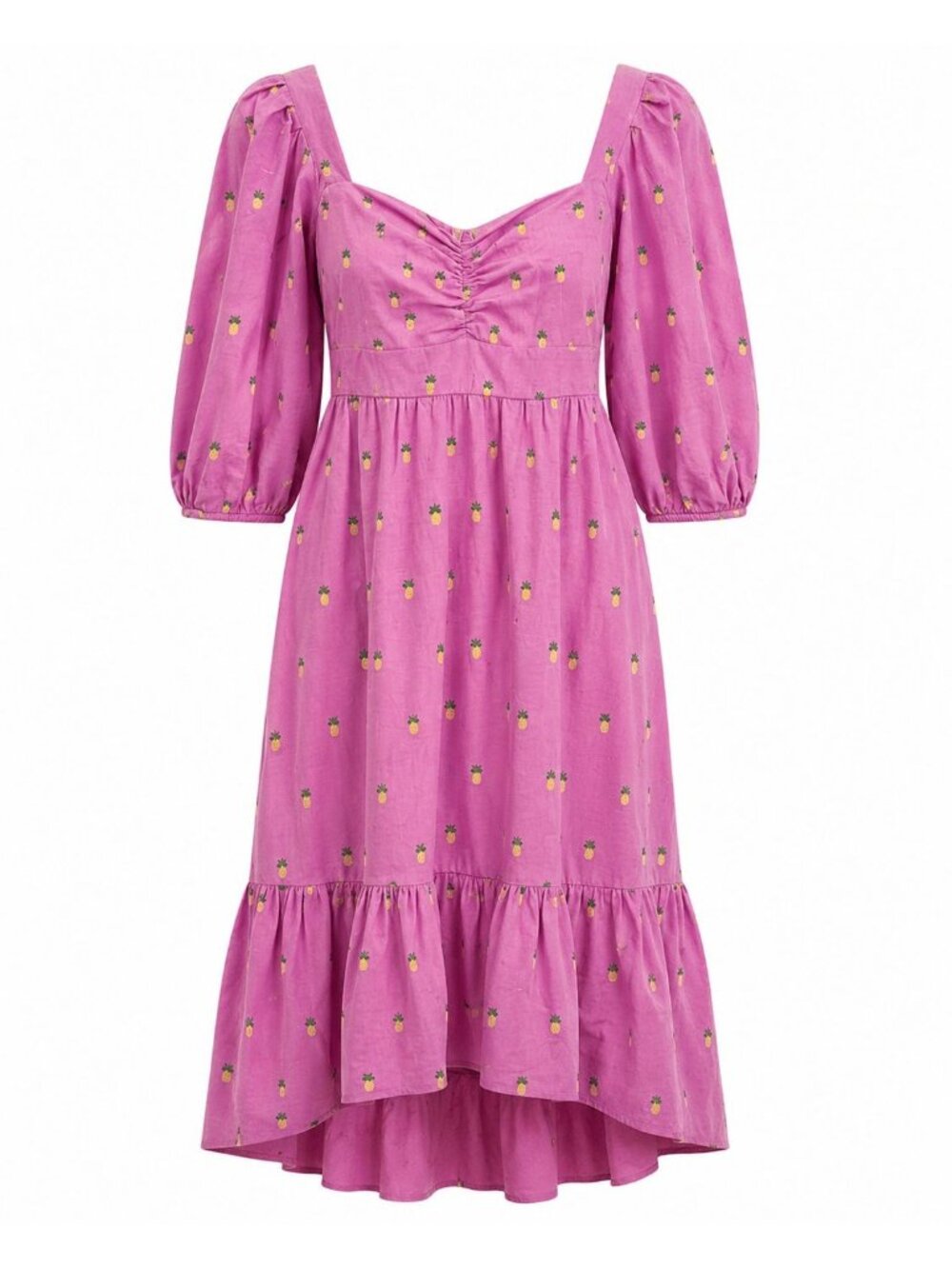 Nwt Farm Rio Pineapple Puff Sleeve Linen Midi Dress Pink Xs Msrp $285